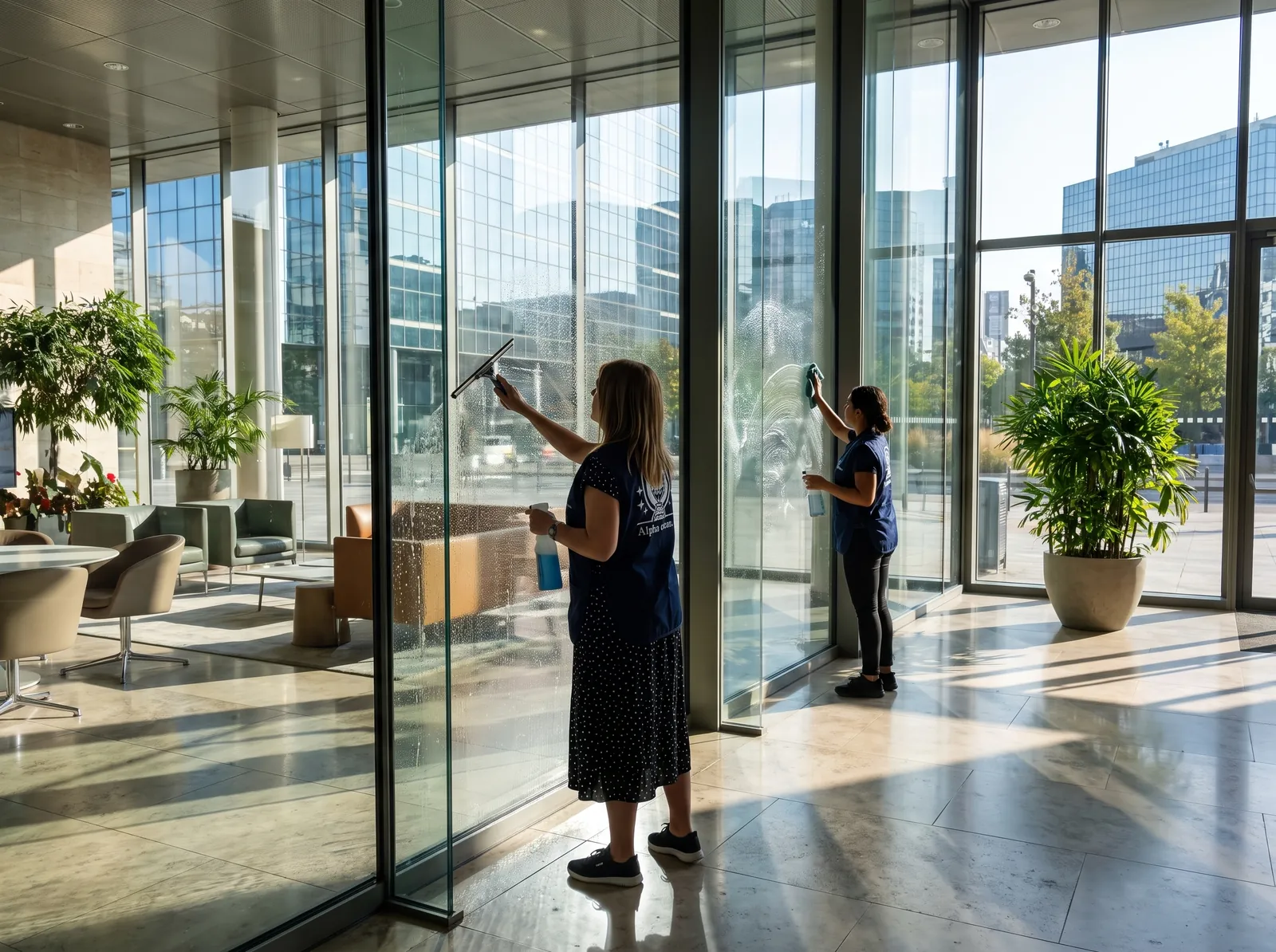Agentes Alpha Clean nettoyant les parois vitrées d'un hall de bureaux